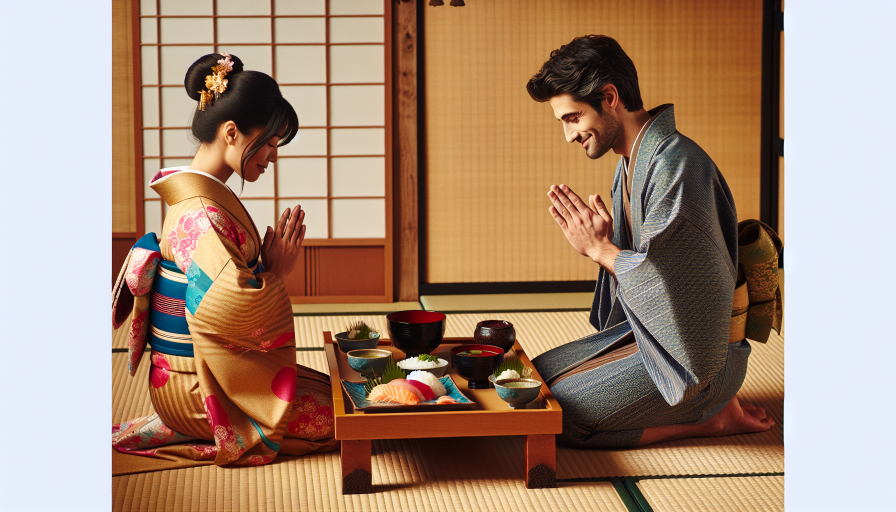 Traditional Japanese dining setting, with people bowing before eating