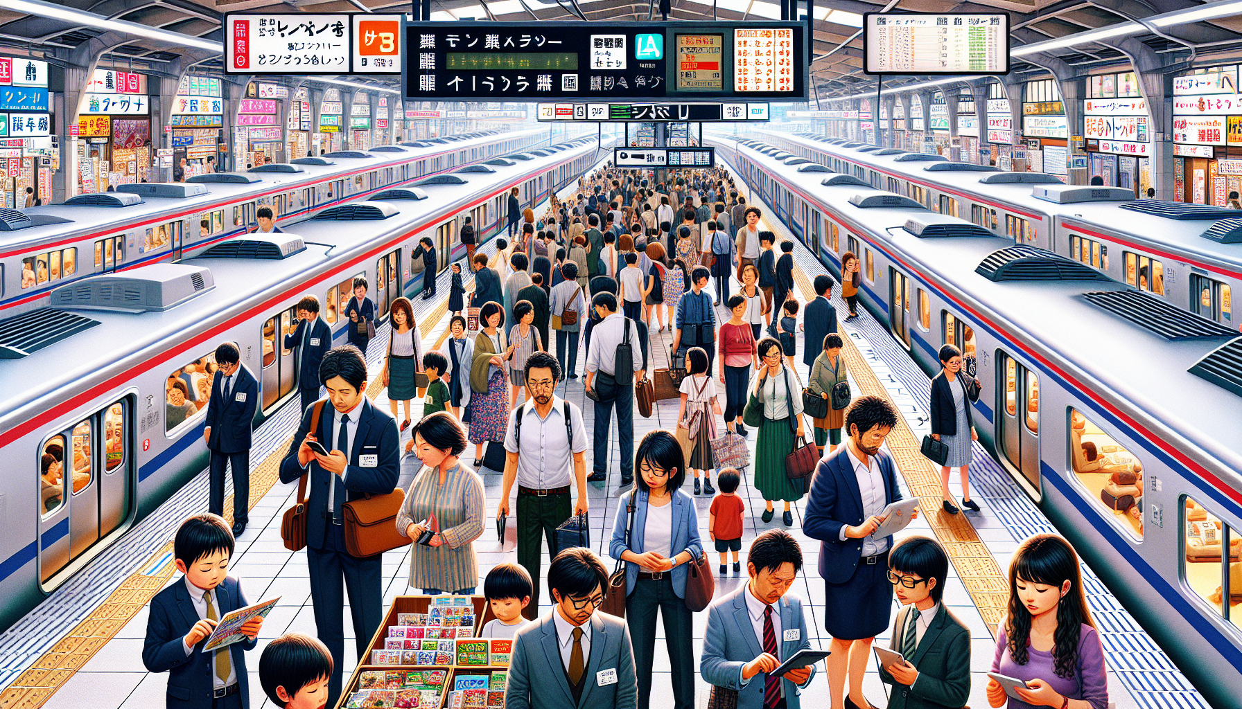 Busy Japanese train station platform