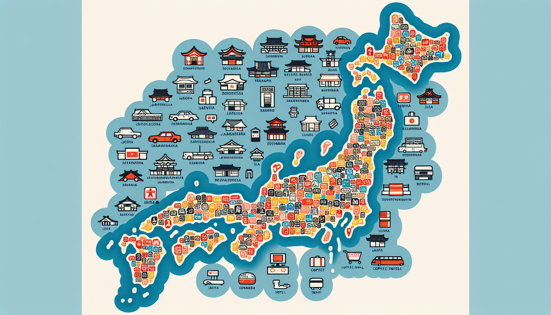 Map of Japan highlighting its 47 prefectures with symbols representing different types of accommodations like ryokans, hotels, and capsule hotels