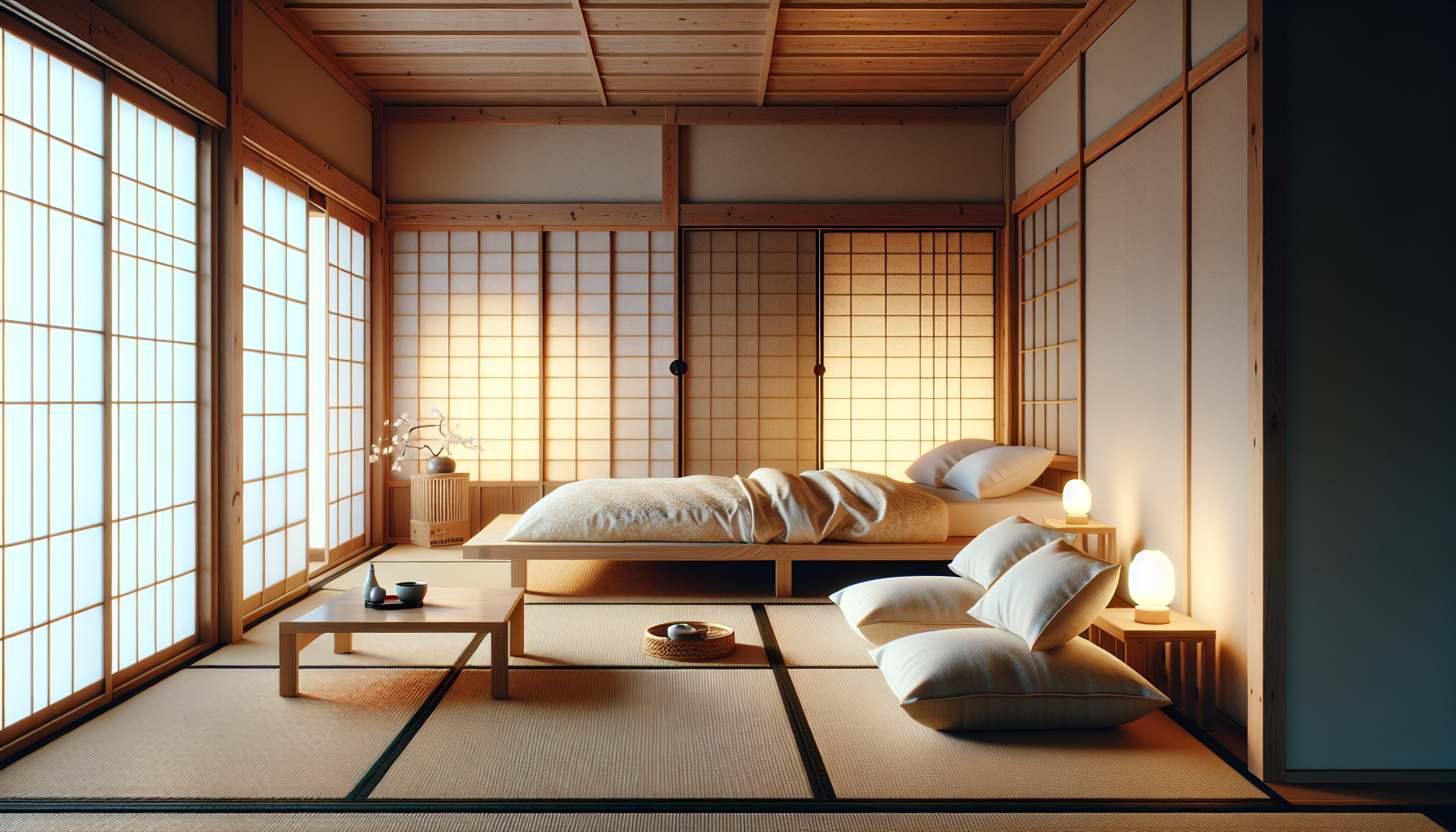 Tranquil traditional Japanese ryokan room with tatami mats, futon beds, and sliding shoji doors