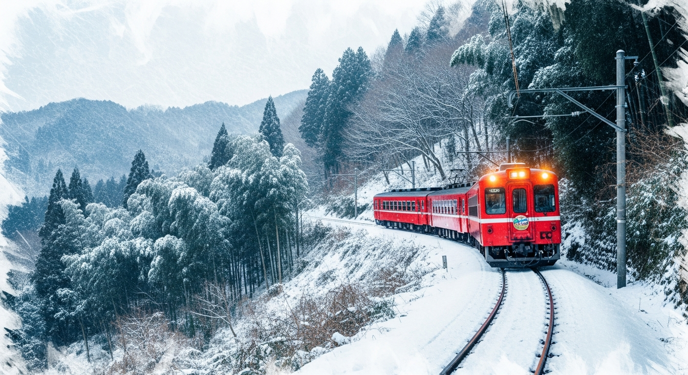 winter scene of Sagano Scenic Railway with snow, Kyoto, Japan