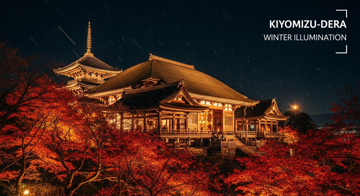 night view of Kiyomizu-dera with winter illumination, Kyoto, Japan