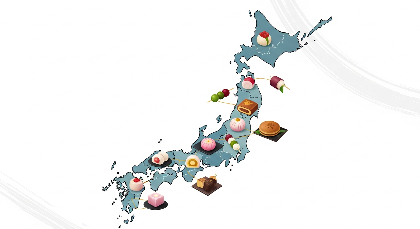 Various traditional Japanese sweets arranged by region on a map of Japan