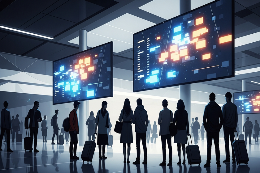 A bustling airport terminal with travelers looking at flight information screens.