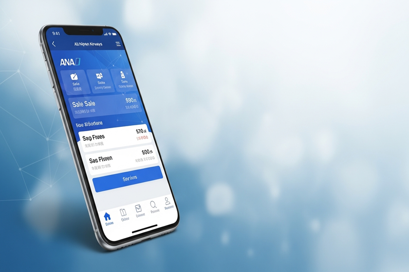 A smartphone displaying the ANA app interface with sale notifications.