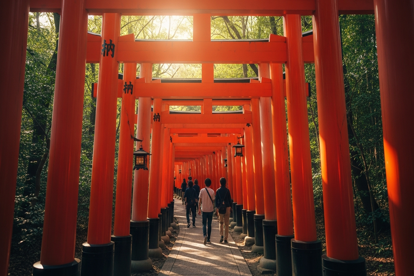A serene morning view of Fushimi Inari Taisha in Kyoto, with bright red torii gates forming a pathway, soft sunlight filtering through, few tourists, traditional Japanese shrine atmosphere, high resolution, travel photography
