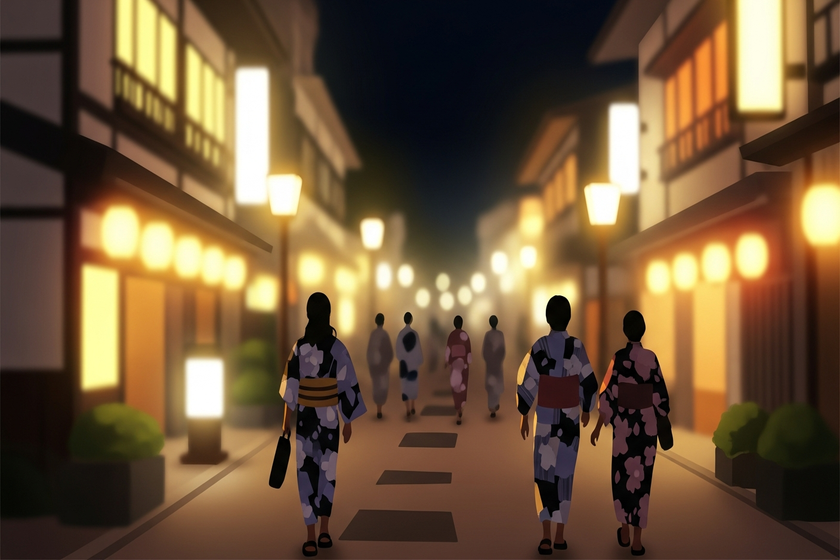 Evening view of Kusatsu Onsen town streets, traditional ryokan buildings, warm lantern lights, people walking in yukata, atmospheric night scene