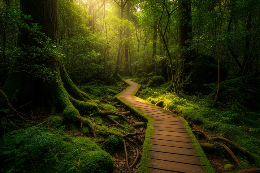 Lush moss-covered forest in Shiratani Unsuikyo, Yakushima, wooden walking trails, soft light, mystical atmosphere, Japan nature photography