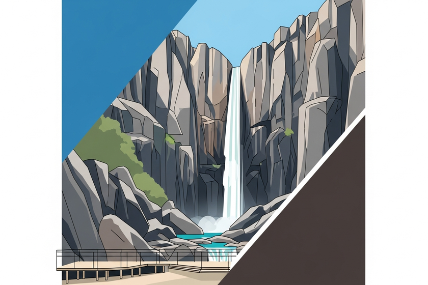 Senpiro Falls Yakushima, massive granite rock waterfall, viewing platform, clear morning sky, dramatic landscape