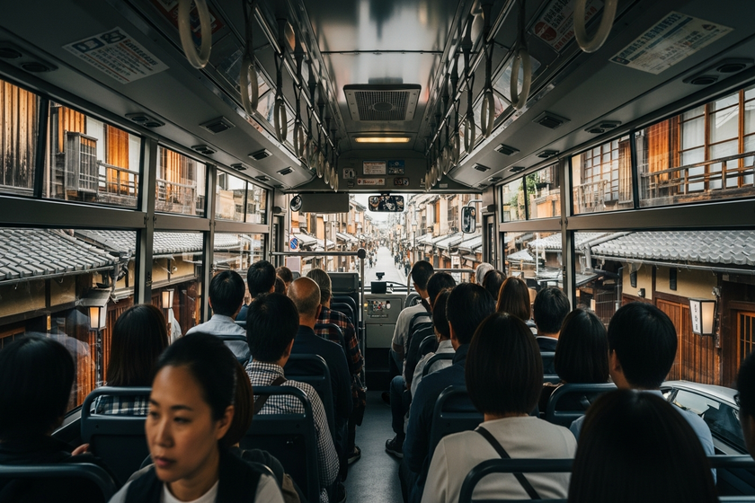 A crowded Kyoto city bus near Gion district, tourists and locals inside, traditional streets and machiya houses visible through the windows, realistic travel photography