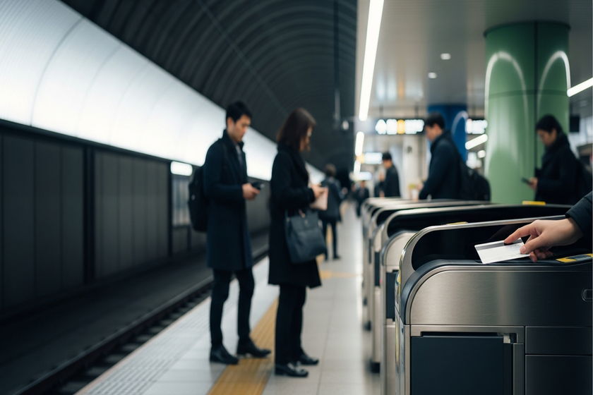 Kyoto subway and train station interior, clear signage in Japanese and English, travelers using ticket gates with IC cards, clean and modern atmosphere
